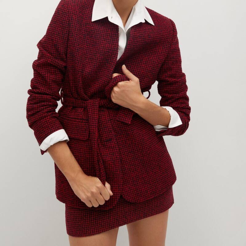 Mango Houndstooth wool blend belted blazer size small